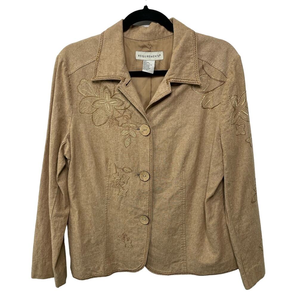 Requirements Floral Embroidery Blazer Long Sleeve Button Front Tan Womens Sz L
